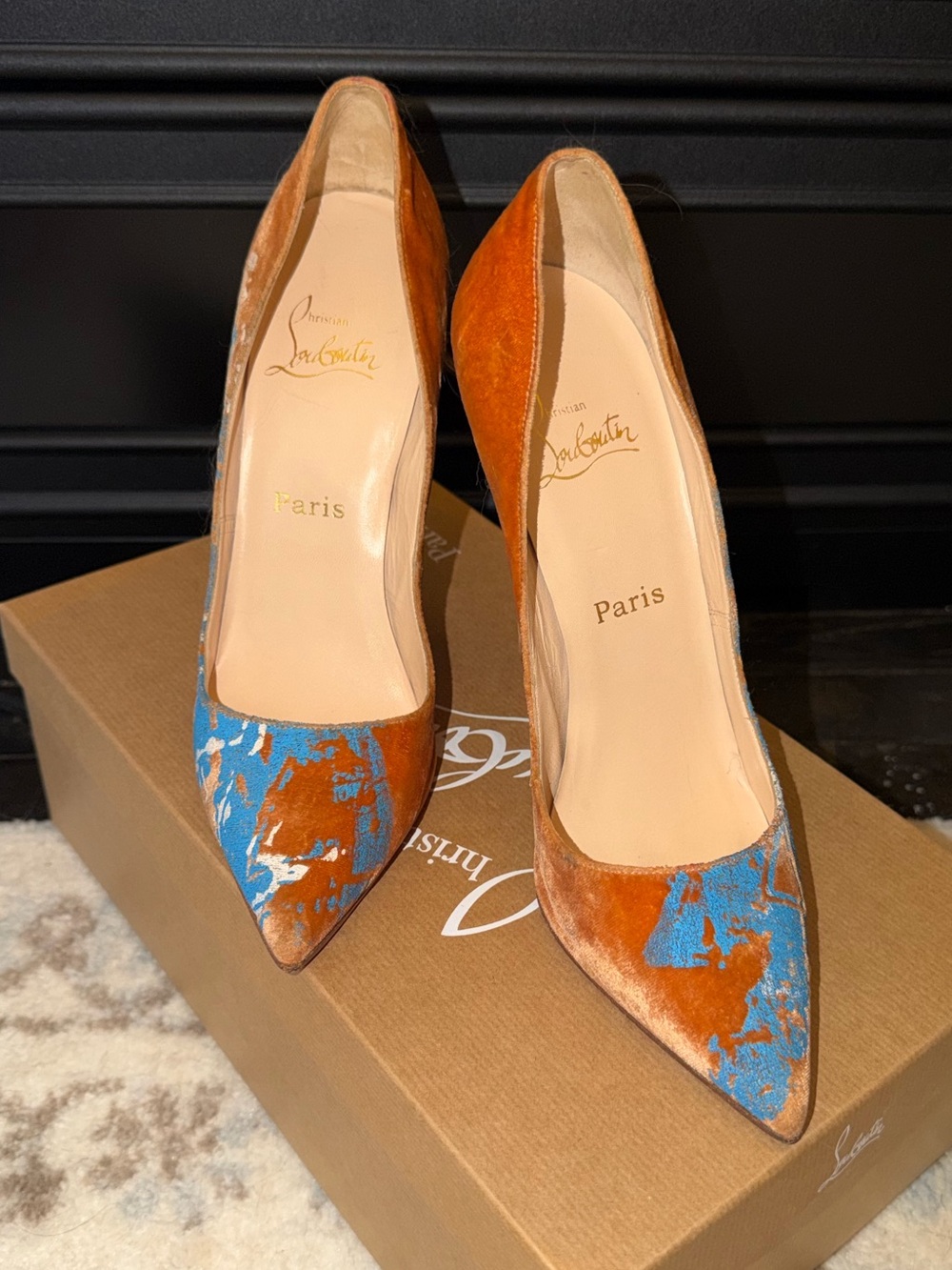 Christian Louboutin Orange and Blue Suede Pointed-Toe Heels